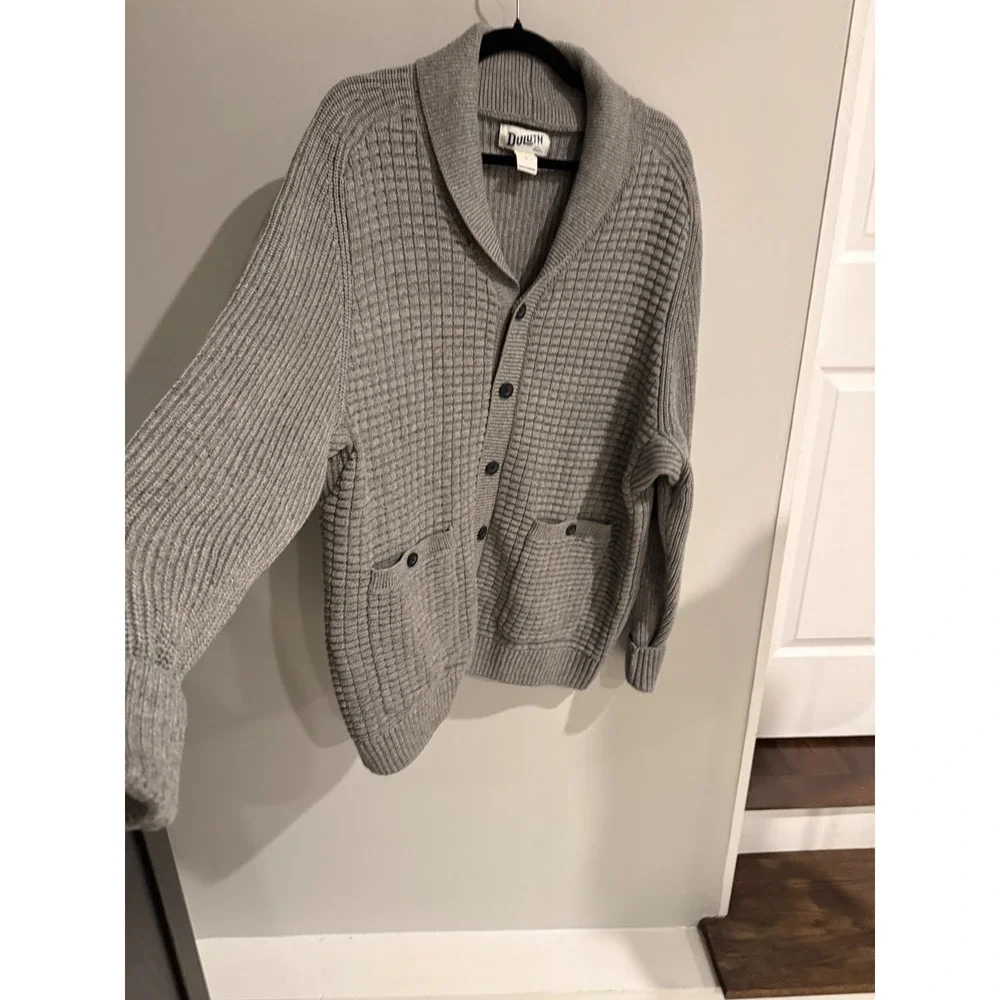 Duluth Trading Co Mens Gray Cotton Waffle Knit Shawl Collar Cardigan Sweater L